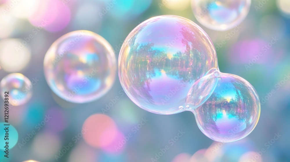 Poster Iridescent Soap Bubbles Float Against A Soft Background