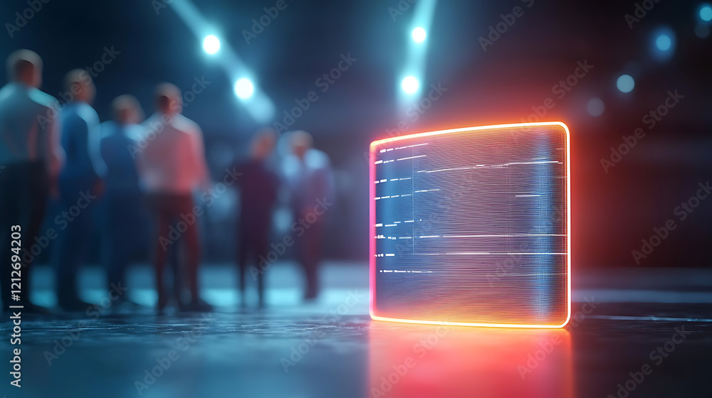 Poster team collaboration around a glowing data board in a futuristic setting digital meeting space technol