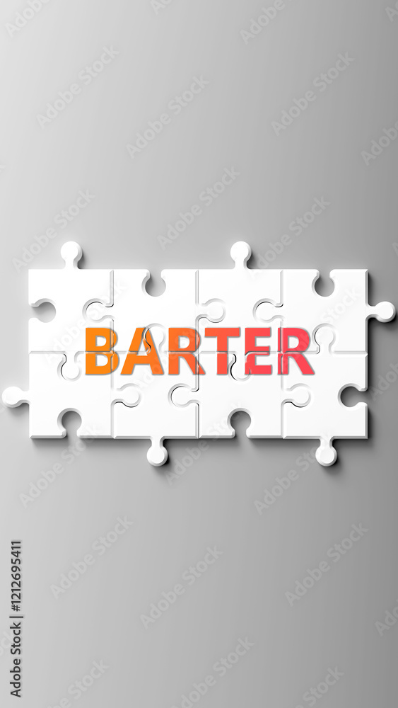 Poster barter complex like a puzzle - pictured as word barter on a puzzle pieces to show that barter is com