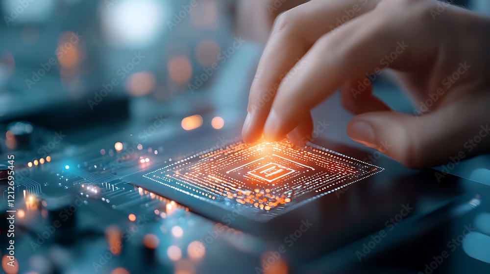 Poster close up of a person holding a computer keyboard and a board with a chip highlighting technology and