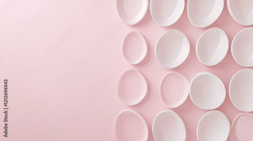 Poster pink and white bowls arranged in a pattern on a pink background