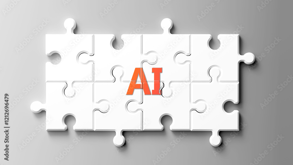 Poster Ai complex like a puzzle - pictured as word ai on a puzzle pieces to show that ai is complex and needs cooperating pieces that fit together. ,3d illustration