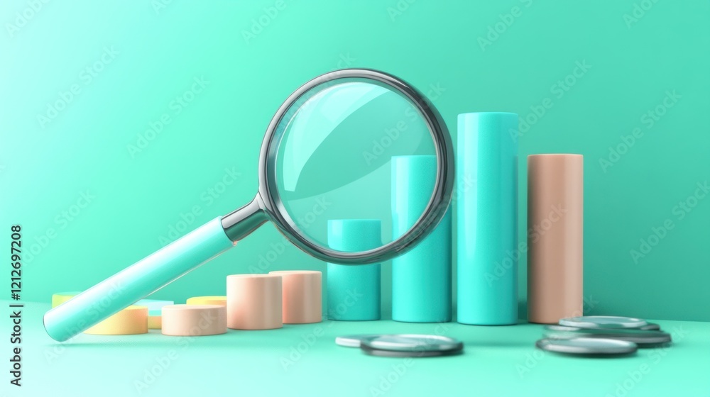 Poster magnifying glass analyzing colorful cylindrical graph data