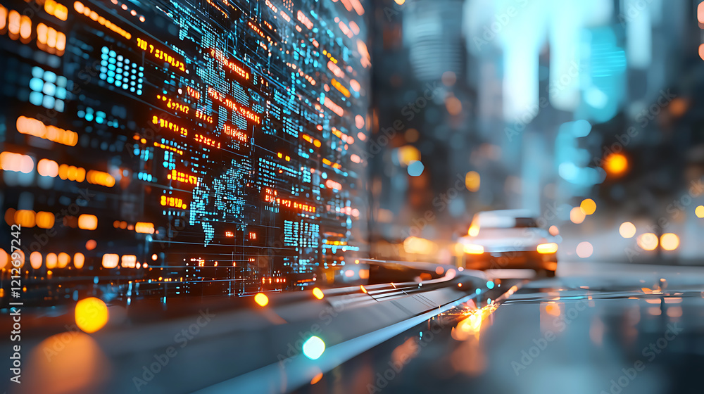 Poster digital office environment with professionals studying data analysis concepts in a futuristic urban 