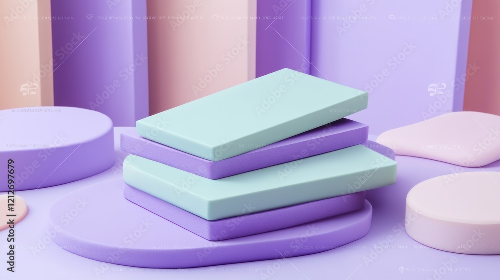 Poster pastel colored blocks stacked on platforms