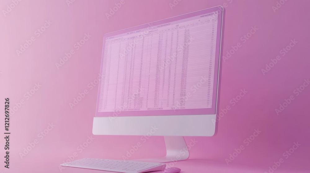 Poster Pink Computer Displaying Extensive Data Spreadsheet