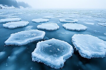 Frozen Ice Floes Drifting On A Misty Lake