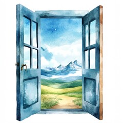 Blue door with a view of mountains and a field