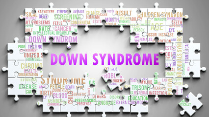 Down Syndrome as a complex subject, related to important topics. Pictured as a puzzle and a word cloud made of most important ideas and phrases related to down syndrome. ,3d illustration © GoodIdeas