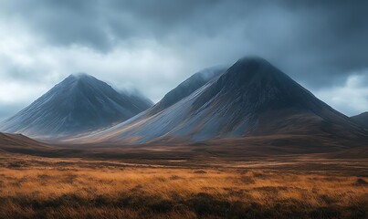 Fototapeta premium Misty mountains and golden grass landscape.