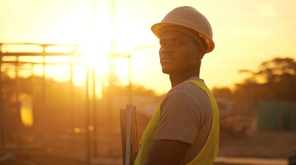 Construction Worker at Sunset Holding Plans