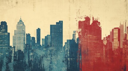 Abstract Cityscape Divided Red Blue Buildings