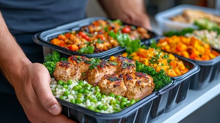 Man is holding a tray of food, including a variety of vegetables and meats