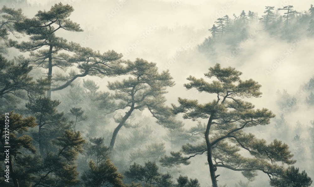 Aufkleber close-up pine trees surrounded by fog in a serene forest setting