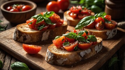 Fresh bruschetta topped with tomatoes and basil on a wooden board.
