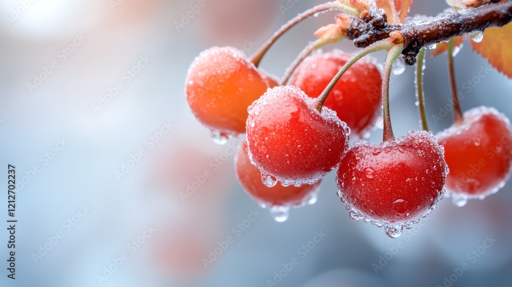 Poster close up of a branch with a few red cherries on it