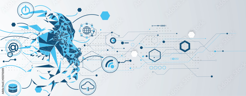 Poster machine learning and artificial intelligence technology at work. Digital neural connections