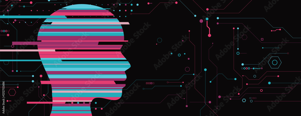 Poster machine learning and artificial intelligence technology at work. Digital neural connections