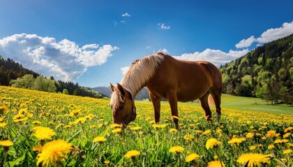 A horse peacefully grazes among bright yellow dandelions under a clear sky.