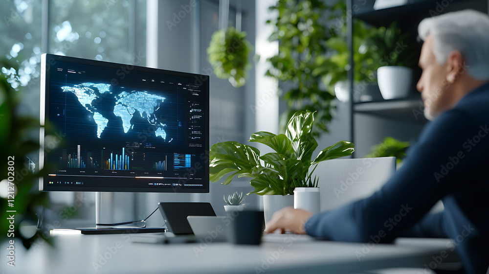 Poster global it specialists meeting in a high-tech conference room data analytics display modern environme