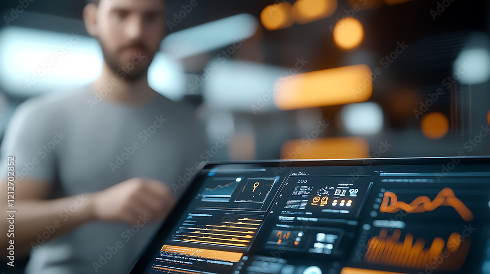 Poster futuristic it office action specialists reviewing global data insights in modern workspace environme