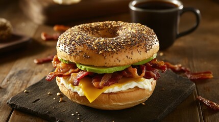 A delicious bagel sandwich stacked with bacon, cheese, and avocado, served with a cup of coffee on a rustic wooden table.