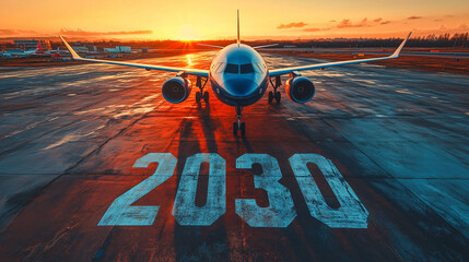 Passenger Airplane on Runway with "2030" Markings