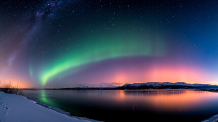 A stunning panorama of the aurora borealis illuminating the night sky above a reflective lake, surrounded by snow-covered land and distant mountains.