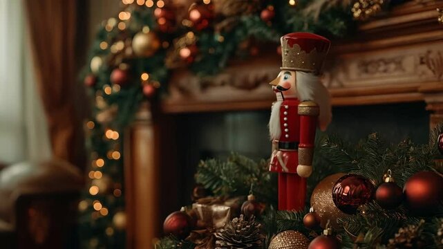 Festive nutcracker guarding decorated fireplace with twinkling christmas lights