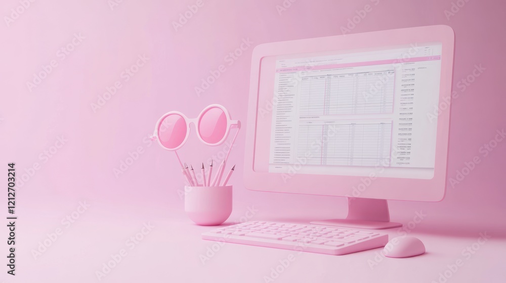 Poster pink computer setup with sunglasses and pencils