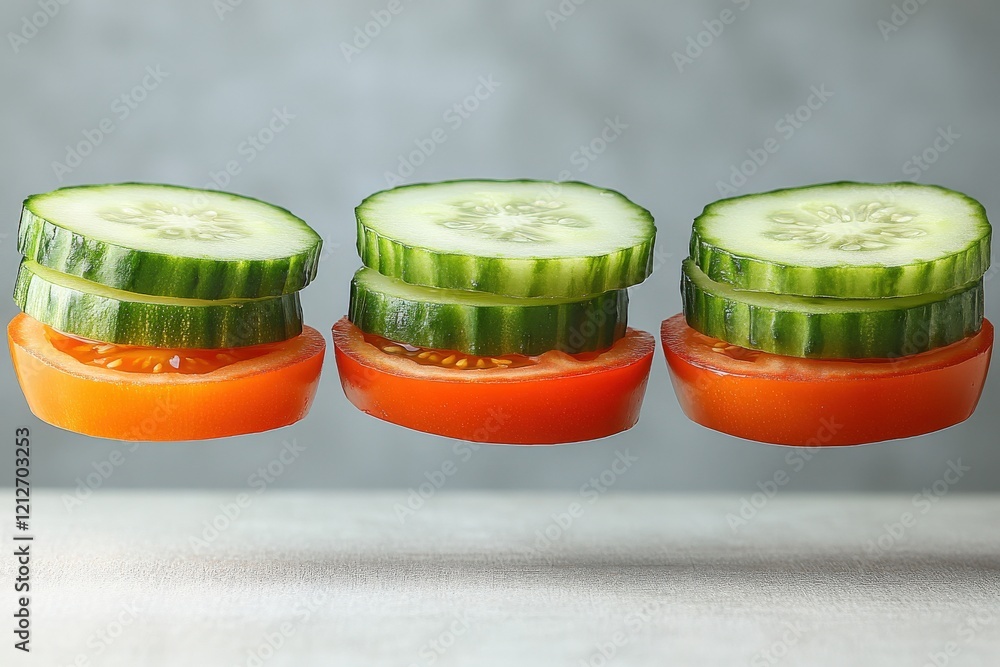 Poster three stacks of fresh cucumber and tomato slices levitate against a neutral backdrop, creating a vib