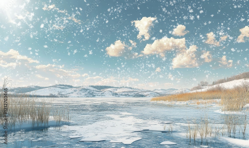 Poster close-up winter landscape with broken ice in lake and rolling hills with snow in background and clou