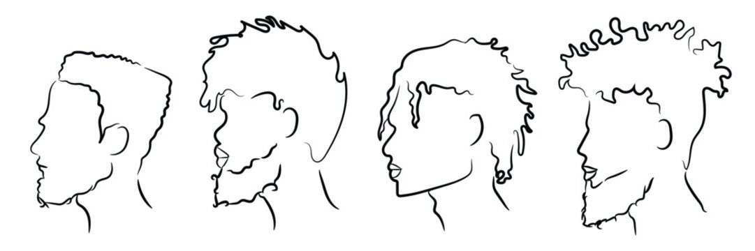 Serie 2 Line Drawing of African American Men. Abstract Vector Illustration Art of Male Afro American Faces with Type C Hair and Beard, Outline for Logo.