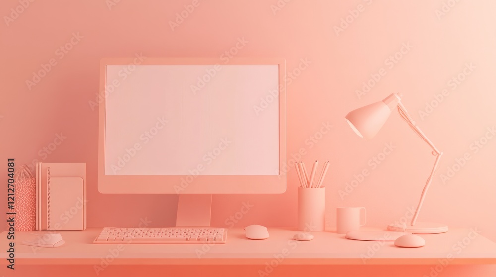 Poster minimalist coral desktop workspace setup design
