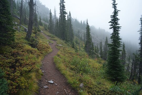 Misty mountain trail winding through evergreen forest