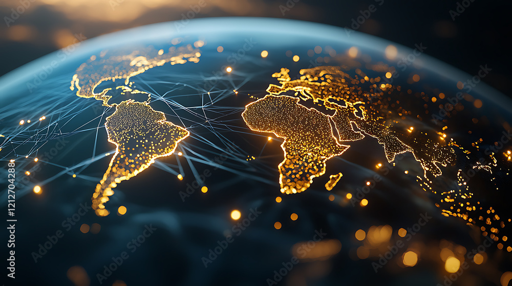 Poster illuminated global communication pathways worldwide digital map visualization technological environm