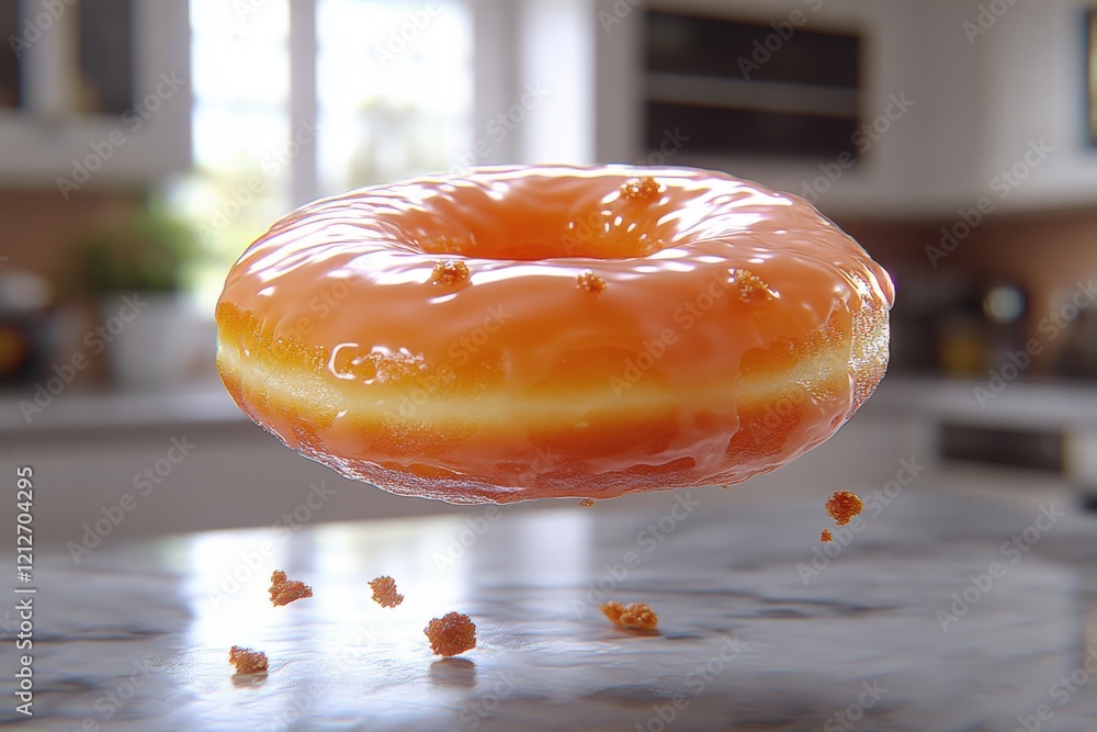 Poster a levitating glazed donut with orange icing and sprinkles, captured in a modern kitchen setting. the