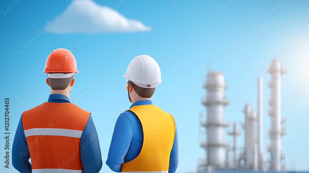 Poster teamwork of technicians in a refinery area industrial setting collaborating on project against clear