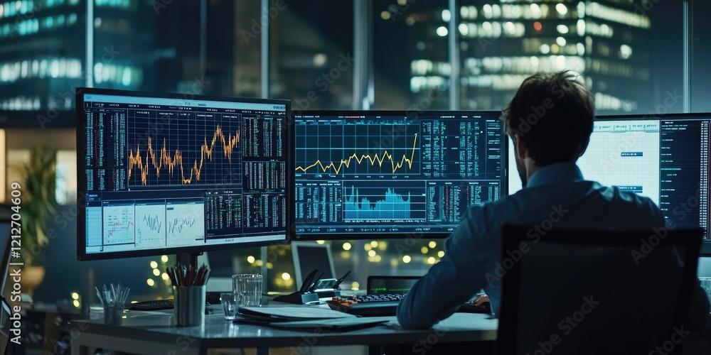 Poster professionals perform investment analysis with comprehensive charts, graphs, and financial data in a