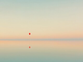 A soft and peaceful composition of a red balloon gently drifting against a pale blue canvas, evoking a sense of calm