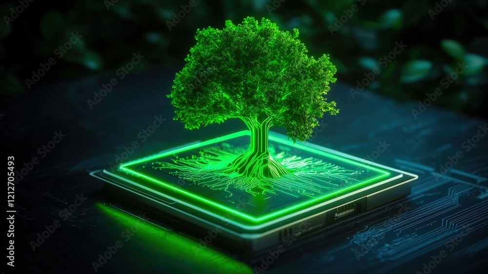 Poster a glowing green tree emerges from a circuit board, symbolizing the intersection of nature and techno