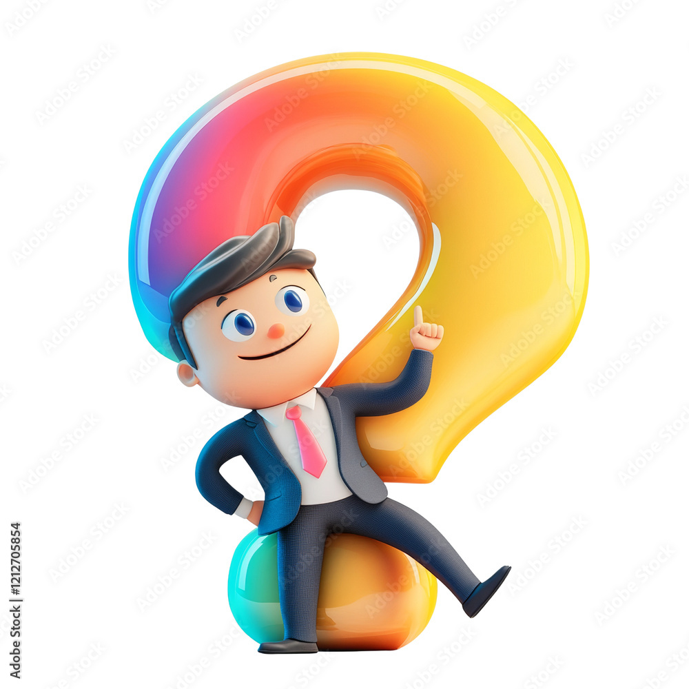 Poster a cartoon businessman sits on a large colorful question mark, appearing thoughtful and considering a