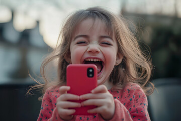Preschooler holding a red smartphone, laughing out loud, expressing joy and excitement, playing mobile games, watching funny videos