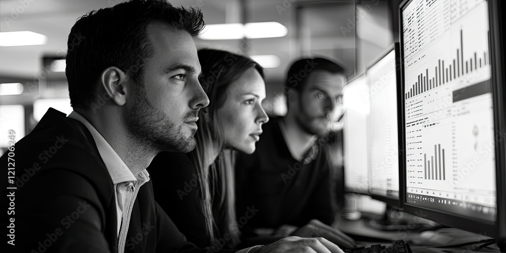 Poster Corporate team engages in investment analysis using advanced tools and visualizations to assess financial opportunities.
