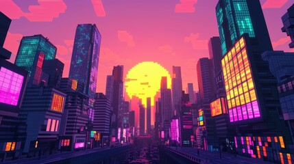 Fototapeta premium Futuristic Cityscape at Sunset Pixel Art Style