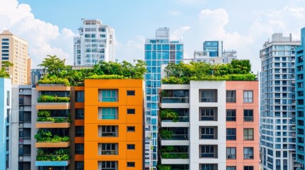 Naklejka premium Vibrant Modern Apartments with Lush Green Rooftop Gardens
