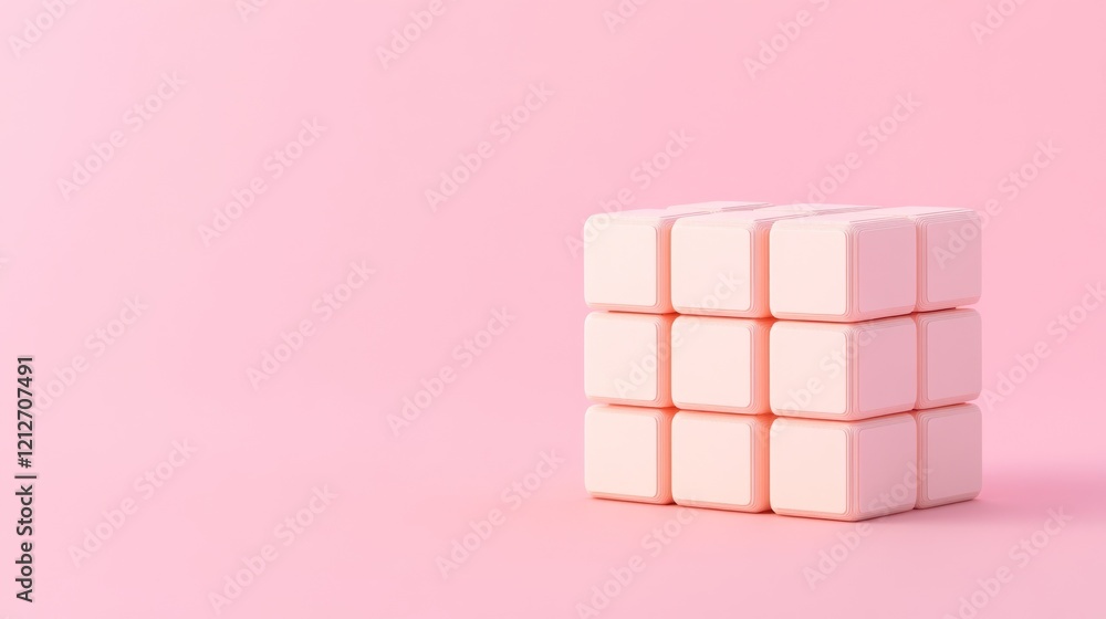Poster pink cube composed of smaller cubes on a pink background