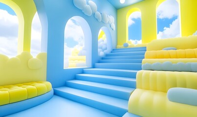 Pastel room, stairs, clouds, sky, arches, seating, whimsical, interior design,  product showcase