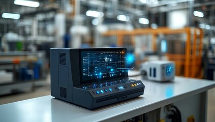 Fototapeta premium a central smart hub with 3D visualizations of connected devices such as home systems, wearables, and industrial tools, IoT Device Connectivity Hub