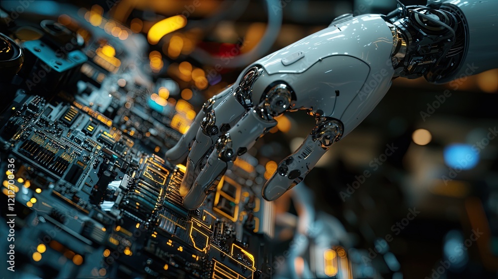 Poster Close view of a robotics engineer adjusting sensors on a prototype, showcasing intricate circuitry and advanced components.